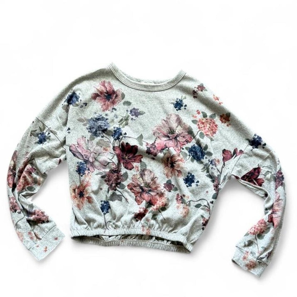 Live In The Moment Women's L Gray Floral Long Sleeve Cropped Sweatshirt Top